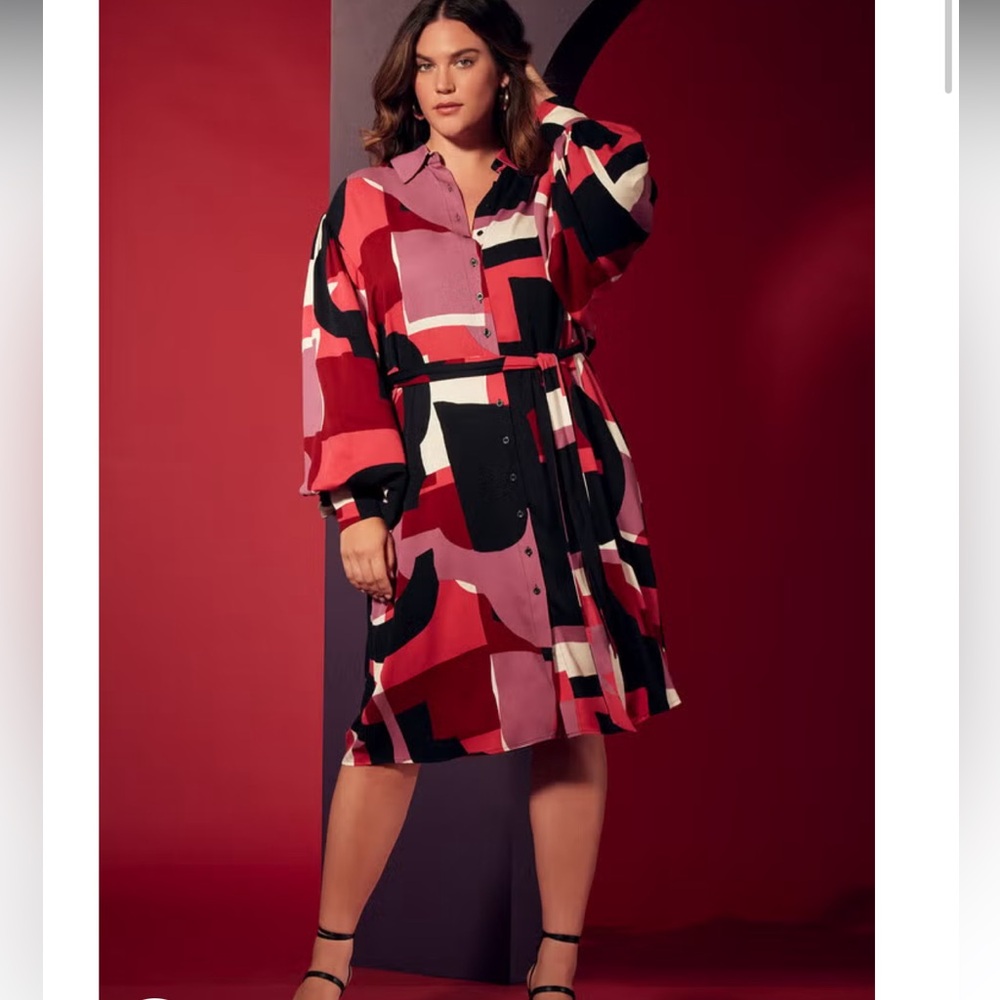 ELOQUII EXAGGERATED SLEEVE SHIRT DRESS GEO BLACK RED WHITE PRINT 20 - Picture 9 of 11